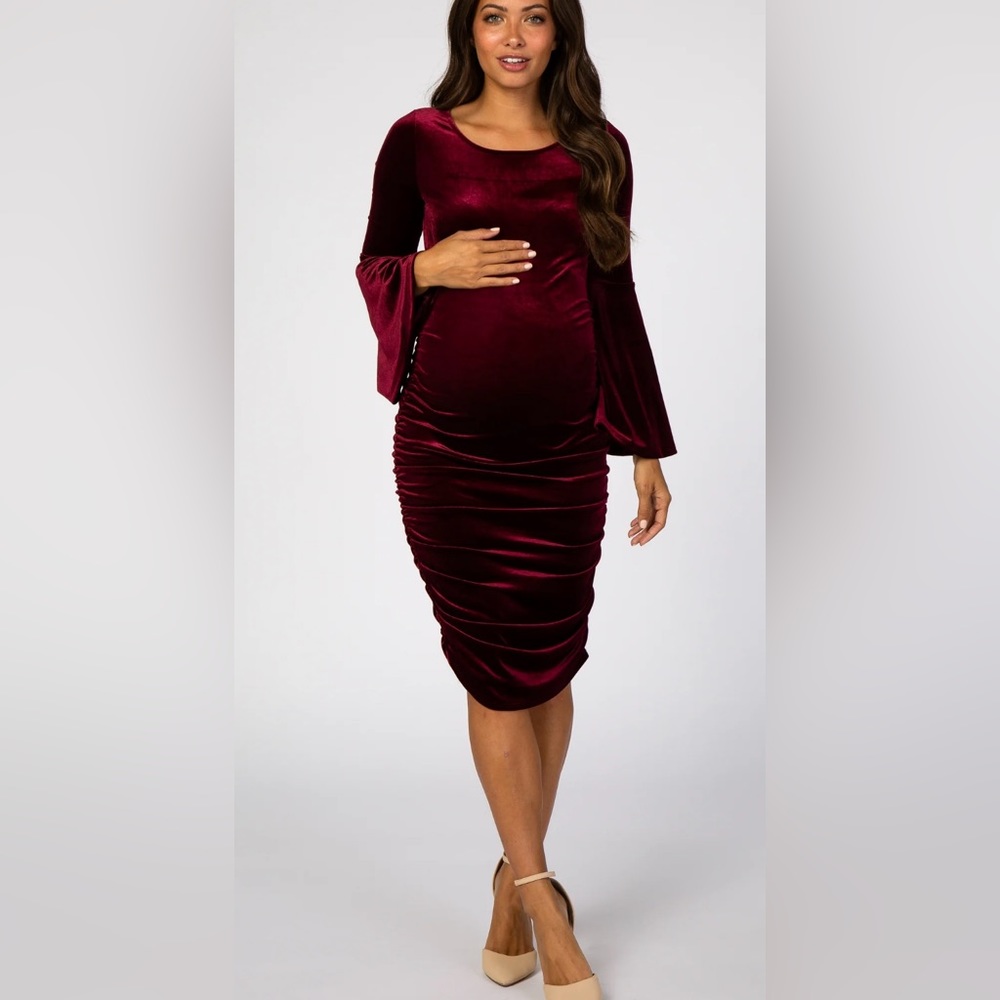 Burgundy Velvet Bell Sleeve MATERNITY Dress